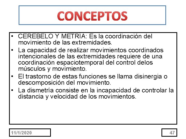 CONCEPTOS • CEREBELO Y METRÍA: Es la coordinación del movimiento de las extremidades. •