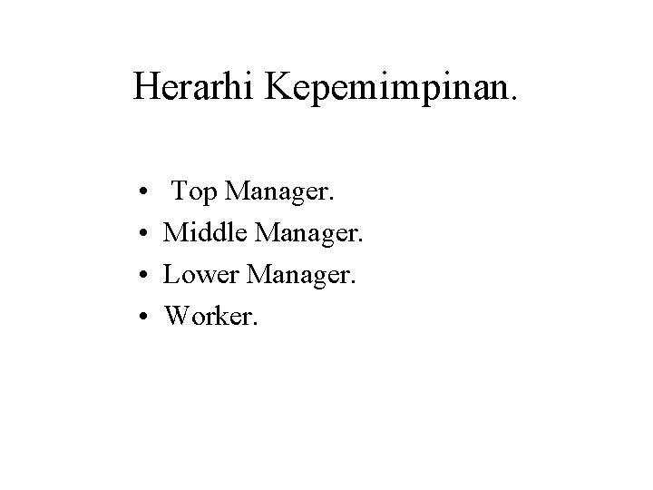 Herarhi Kepemimpinan. • • Top Manager. Middle Manager. Lower Manager. Worker. 