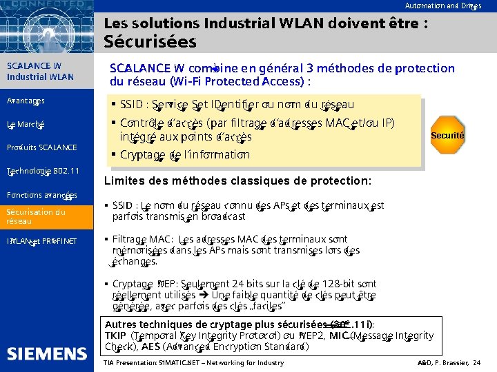 Automation and Drives Les solutions Industrial WLAN doivent être : Sécurisées SIMATIC NET SCALANCE