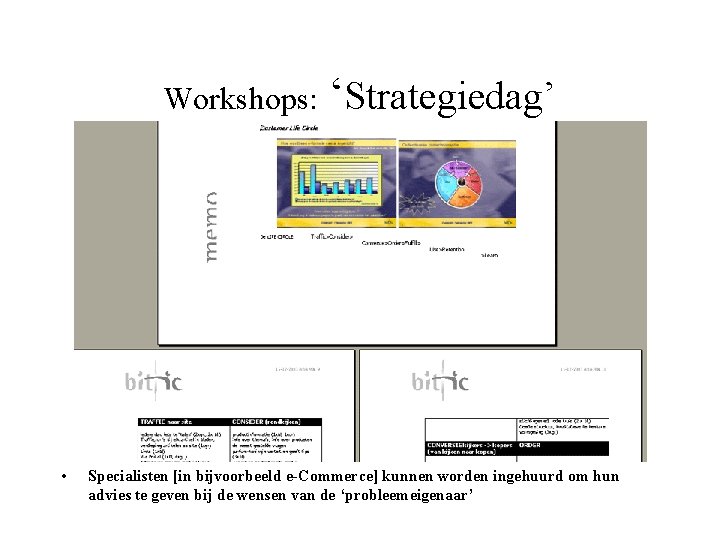 Workshops: • ‘Strategiedag’ Specialisten [in bijvoorbeeld e-Commerce] kunnen worden ingehuurd om hun advies te