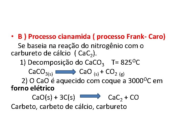  • B ) Processo cianamida ( processo Frank- Caro) Se baseia na reação