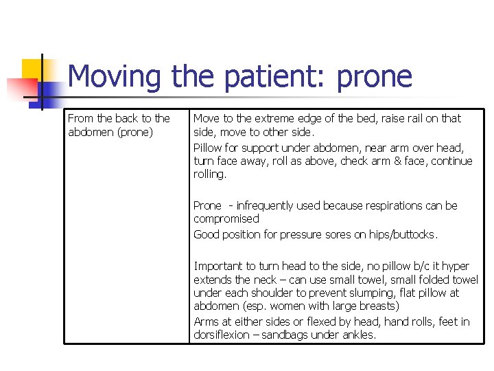 Moving the patient: prone From the back to the abdomen (prone) Move to the