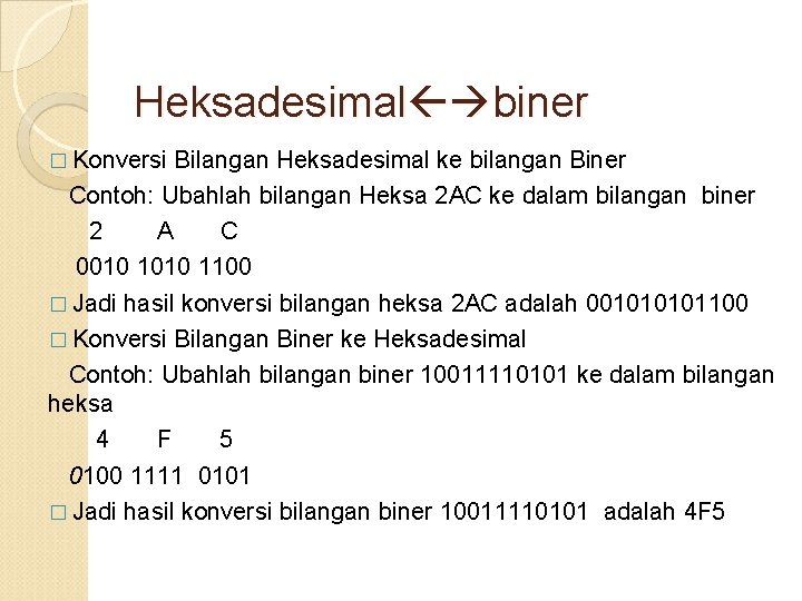 Heksadesimal biner � Konversi Bilangan Heksadesimal ke bilangan Biner Contoh: Ubahlah bilangan Heksa 2