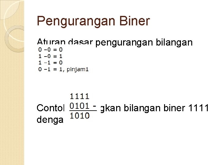 Pengurangan Biner Aturan dasar pengurangan bilangan biner Contoh: Kurangkan bilangan biner 1111 dengan 0101