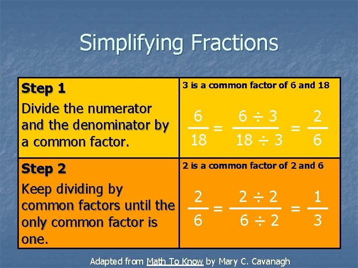 Simplifying Fractions Step 1 Divide the numerator and the denominator by a common factor.