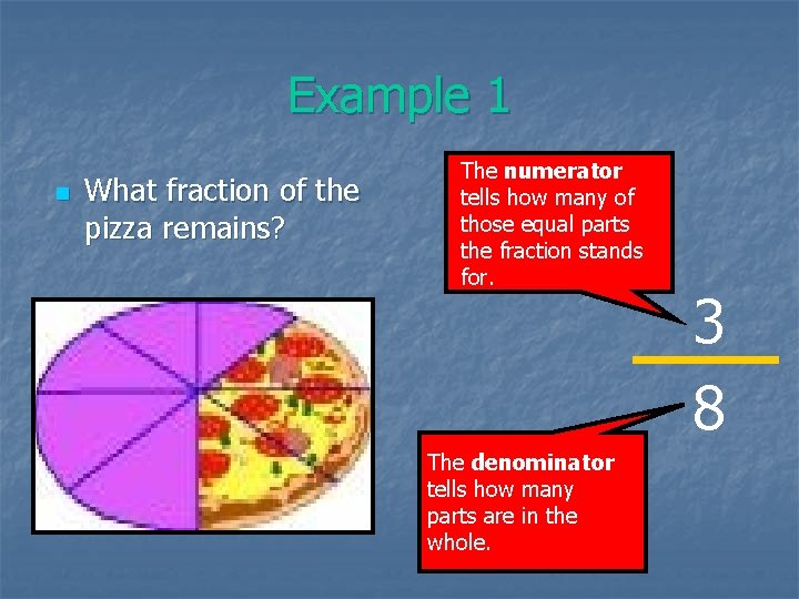 Example 1 n What fraction of the pizza remains? The numerator tells how many