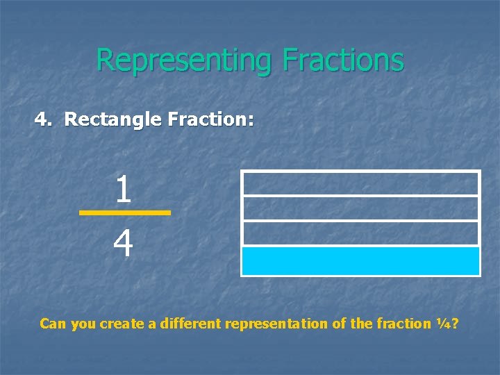 Representing Fractions 4. Rectangle Fraction: 1 4 Can you create a different representation of
