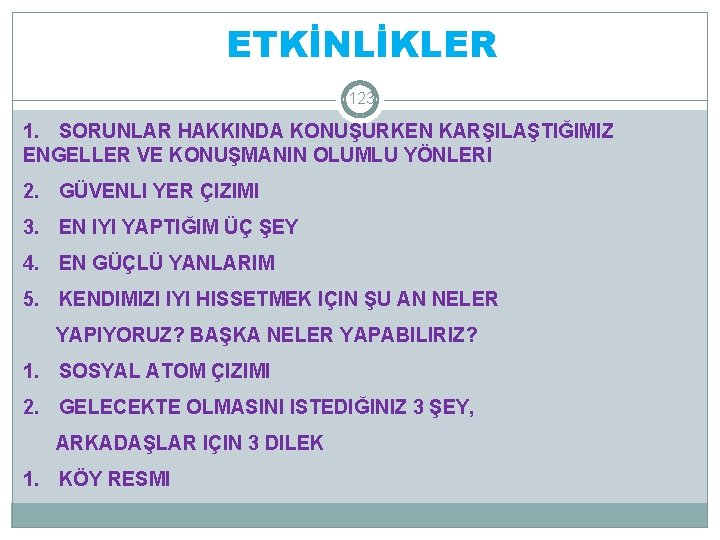 ETKİNLİKLER 123 1. SORUNLAR HAKKINDA KONUŞURKEN KARŞILAŞTIĞIMIZ ENGELLER VE KONUŞMANIN OLUMLU YÖNLERI 2. GÜVENLI