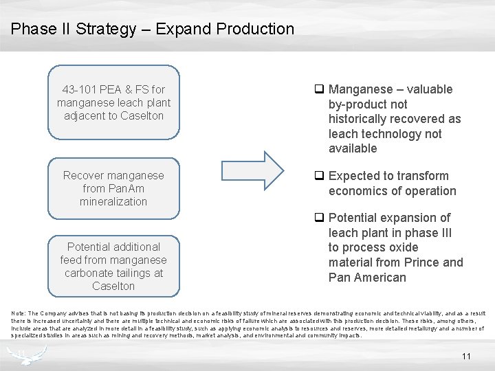 Phase II Strategy – Expand Production 43 -101 PEA & FS for manganese leach