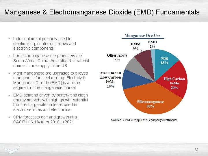 Manganese & Electromanganese Dioxide (EMD) Fundamentals • Industrial metal primarily used in steelmaking, nonferrous
