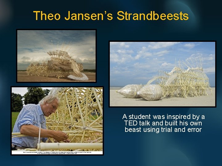 Theo Jansen’s Strandbeests A student was inspired by a TED talk and built his