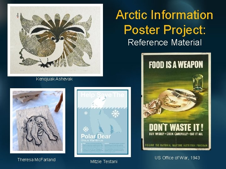 Arctic Information Poster Project: Reference Material Kenojuak Ashevak Theresa Mc. Farland Mitzie Testani US