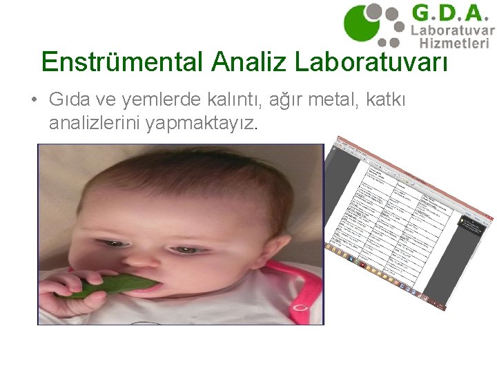 Enstrümental Analiz Laboratuvarı • Gıda ve yemlerde kalıntı, ağır metal, katkı analizlerini yapmaktayız. 