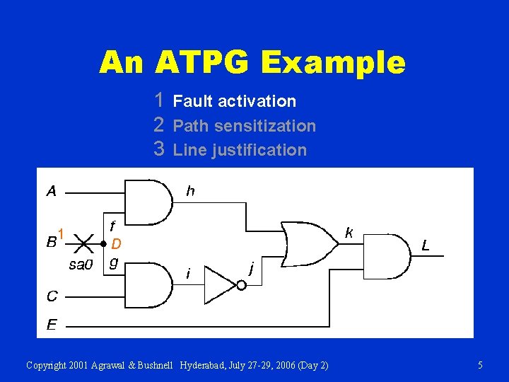 An ATPG Example 1 Fault activation 2 Path sensitization 3 Line justification 1 D