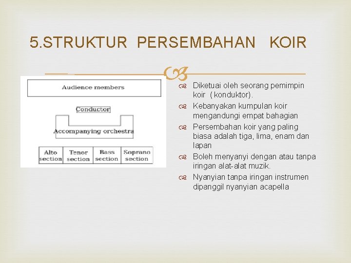 5. STRUKTUR PERSEMBAHAN KOIR Diketuai oleh seorang pemimpin koir ( konduktor). Kebanyakan kumpulan koir