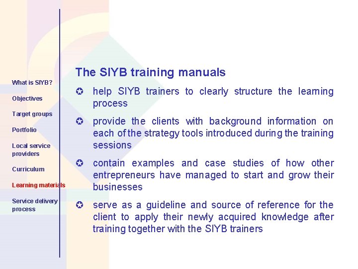 The SIYB training manuals What is SIYB? Objectives Target groups Portfolio Local service providers