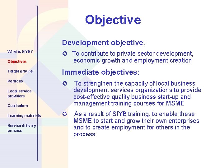 Objective Development objective: What is SIYB? Objectives To contribute to private sector development, economic