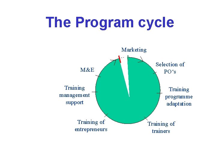 The Program cycle Marketing M&E Training management support Training of entrepreneurs Selection of PO‘s