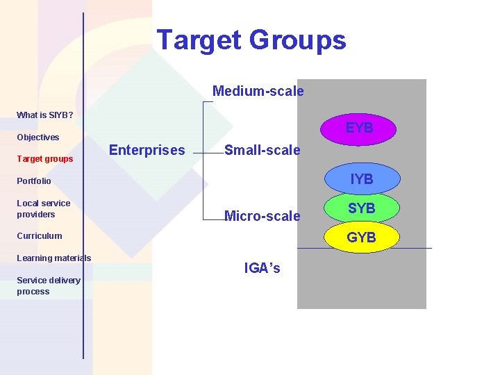 Target Groups Medium-scale What is SIYB? EYB Objectives Target groups Enterprises Small-scale IYB Portfolio Target Groups Medium-scale What is SIYB? EYB Objectives Target groups Enterprises Small-scale IYB Portfolio