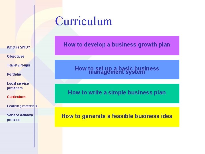 Curriculum What is SIYB? How to develop a business growth plan Objectives Target groups