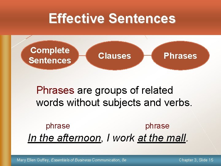 Effective Sentences Complete Sentences Clauses Phrases are groups of related words without subjects and