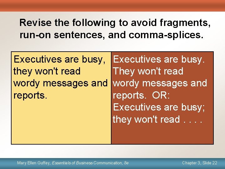 Revise the following to avoid fragments, run-on sentences, and comma-splices. Executives are busy, they