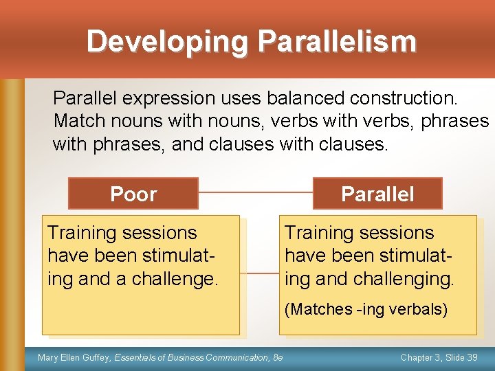 Developing Parallelism Parallel expression uses balanced construction. Match nouns with nouns, verbs with verbs,