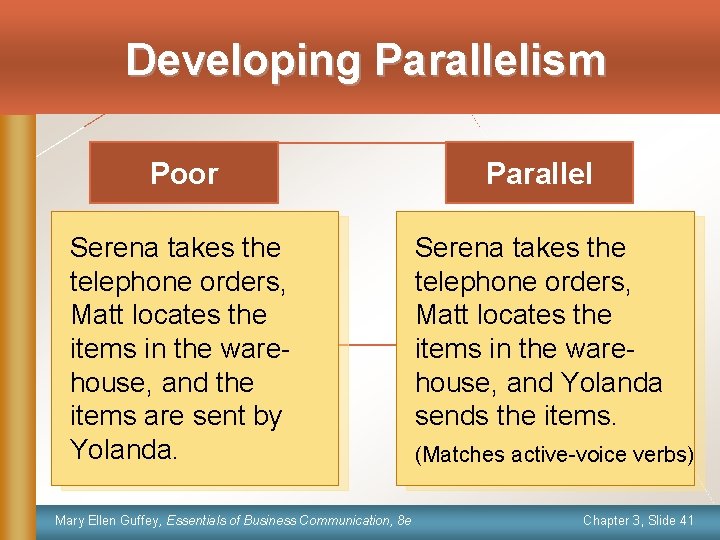 Developing Parallelism Poor Parallel Serena takes the telephone orders, Matt locates the items in