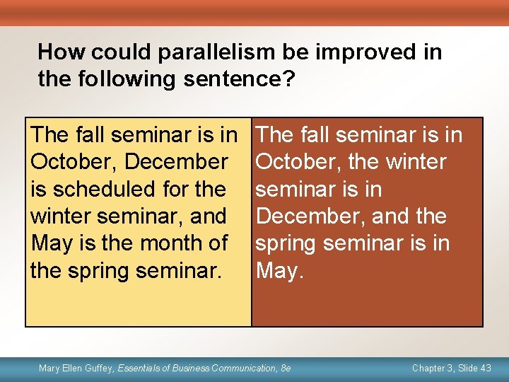 How could parallelism be improved in the following sentence? The fall seminar is in