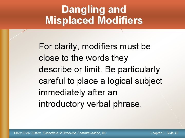 Dangling and Misplaced Modifiers For clarity, modifiers must be close to the words they