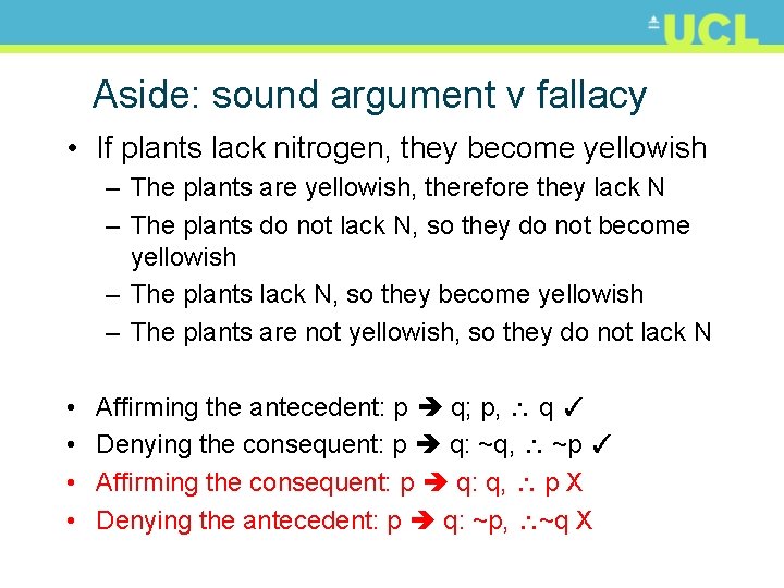 Aside: sound argument v fallacy • If plants lack nitrogen, they become yellowish –