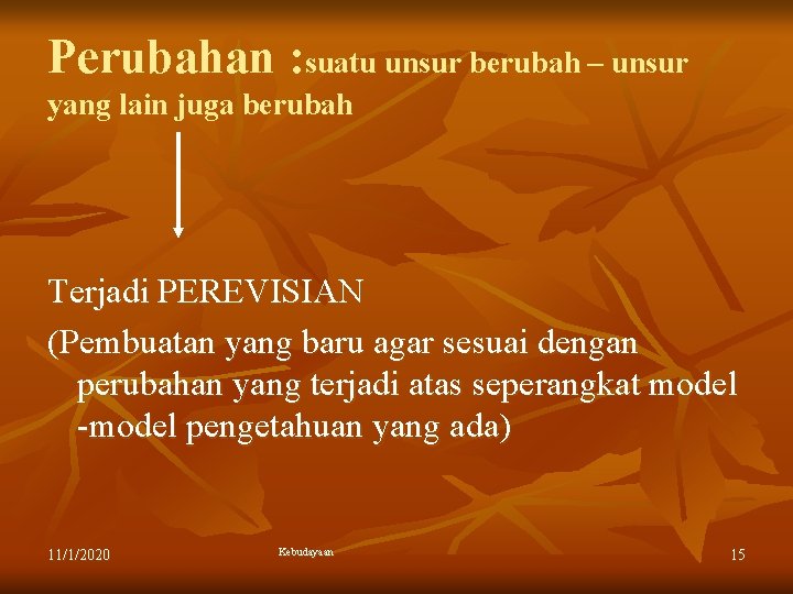 Perubahan : suatu unsur berubah – unsur yang lain juga berubah Terjadi PEREVISIAN (Pembuatan