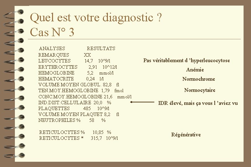 Quel est votre diagnostic ? Cas N° 3 ANALYSES RESULTATS REMARQUES XX LEUCOCYTES 14,