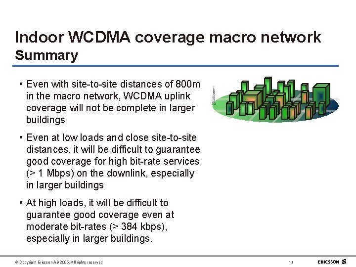 Indoor WCDMA coverage macro network Summary • Even with site-to-site distances of 800 m