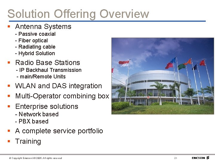 Solution Offering Overview § Antenna Systems - Passive coaxial - Fiber optical - Radiating