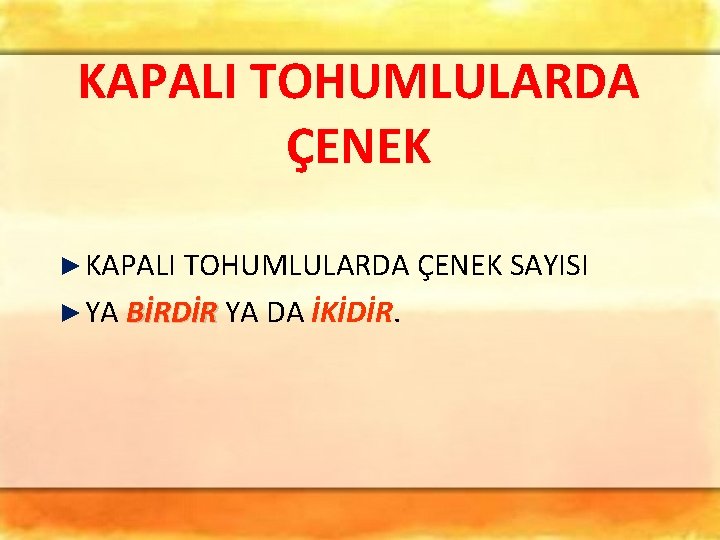 KAPALI TOHUMLULARDA ÇENEK ► KAPALI TOHUMLULARDA ÇENEK SAYISI ► YA BİRDİR YA DA İKİDİR. KAPALI TOHUMLULARDA ÇENEK ► KAPALI TOHUMLULARDA ÇENEK SAYISI ► YA BİRDİR YA DA İKİDİR.