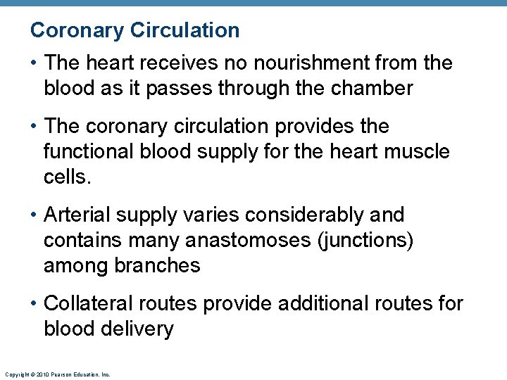 Coronary Circulation • The heart receives no nourishment from the blood as it passes