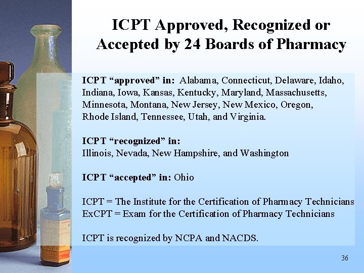 ICPT Approved, Recognized or Accepted by 24 Boards of Pharmacy ICPT “approved” in: Alabama,