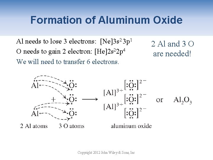 Formation of Aluminum Oxide Al needs to lose 3 electrons: [Ne]3 s 2 3