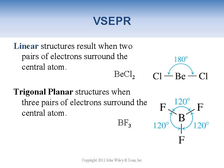 VSEPR Linear structures result when two pairs of electrons surround the central atom. Be.