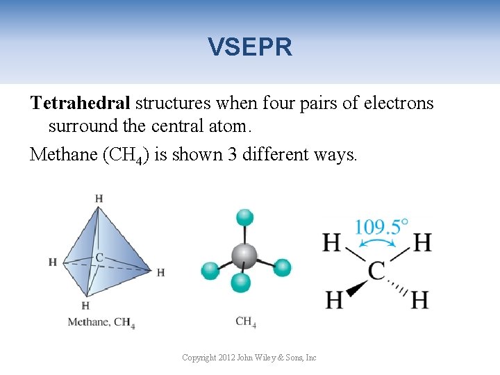 VSEPR Tetrahedral structures when four pairs of electrons surround the central atom. Methane (CH