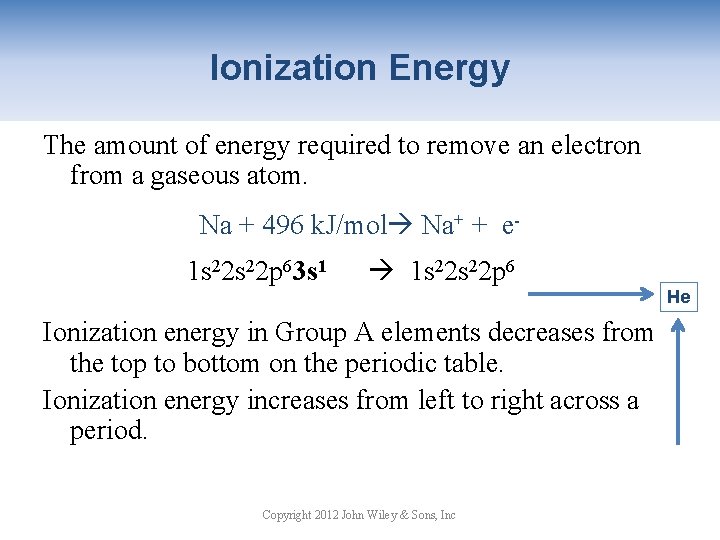 Ionization Energy The amount of energy required to remove an electron from a gaseous