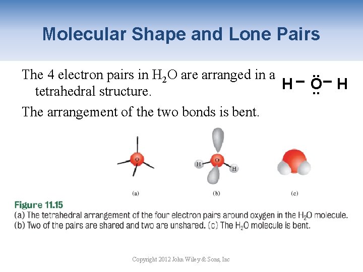 Molecular Shape and Lone Pairs The 4 electron pairs in H 2 O are