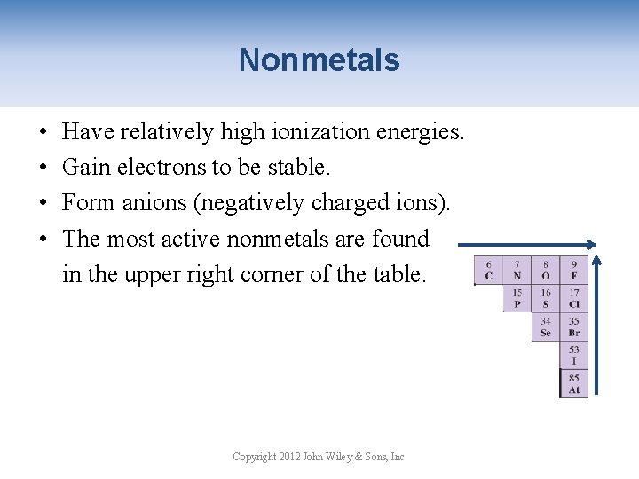 Nonmetals • • Have relatively high ionization energies. Gain electrons to be stable. Form