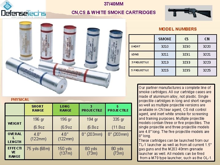 37/40 MM CN, CS & WHITE SMOKE CARTRIDGES MODEL NUMBERS PHYSICAL SHORT RANGE LONG