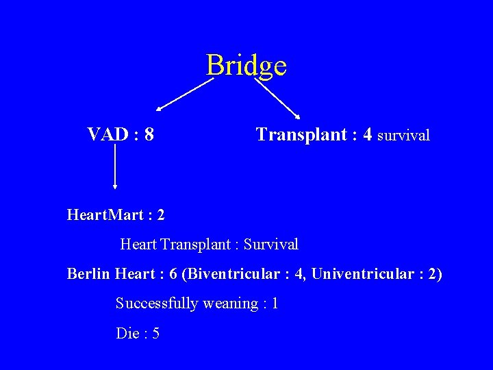 Bridge VAD : 8 Transplant : 4 survival Heart. Mart : 2 Heart Transplant