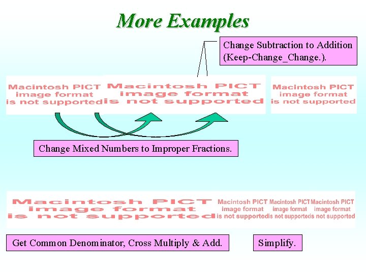 More Examples Change Subtraction to Addition (Keep-Change_Change. ). Change Mixed Numbers to Improper Fractions. More Examples Change Subtraction to Addition (Keep-Change_Change. ). Change Mixed Numbers to Improper Fractions.