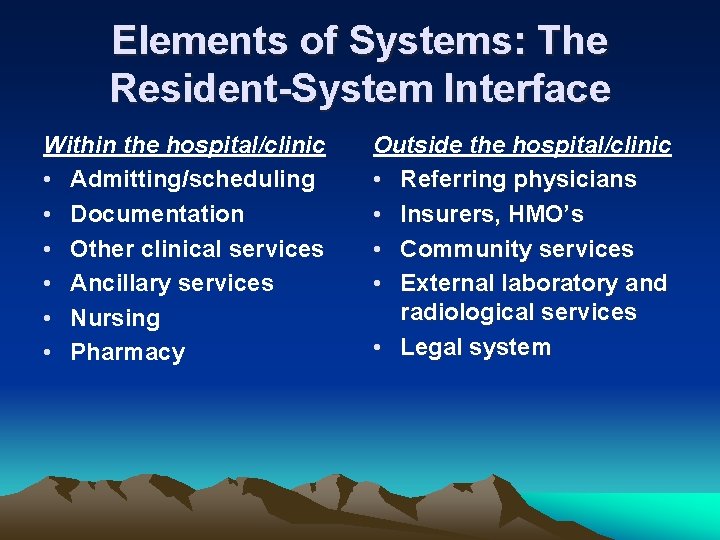 Elements of Systems: The Resident-System Interface Within the hospital/clinic • Admitting/scheduling • Documentation •