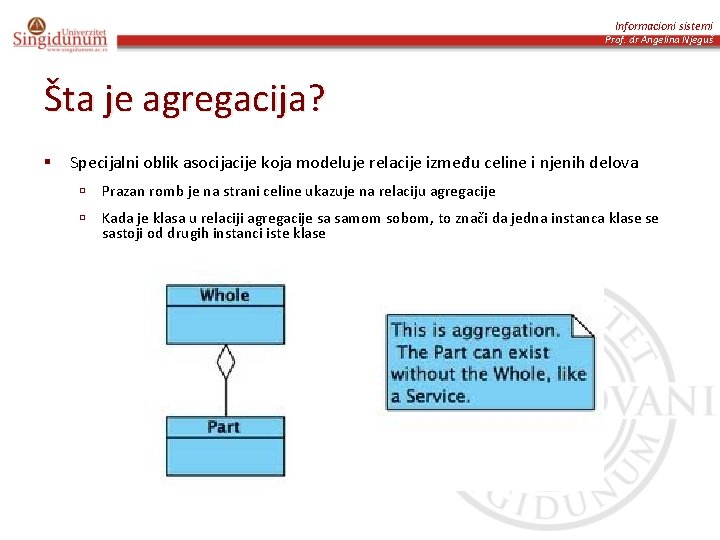 Informacioni sistemi Prof. dr Angelina Njeguš Šta je agregacija? Specijalni oblik asocijacije koja modeluje