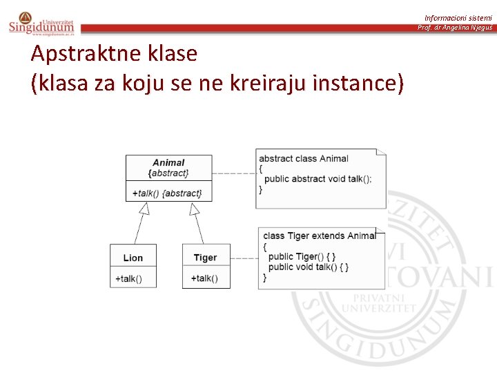 Informacioni sistemi Prof. dr Angelina Njeguš Apstraktne klase (klasa za koju se ne kreiraju